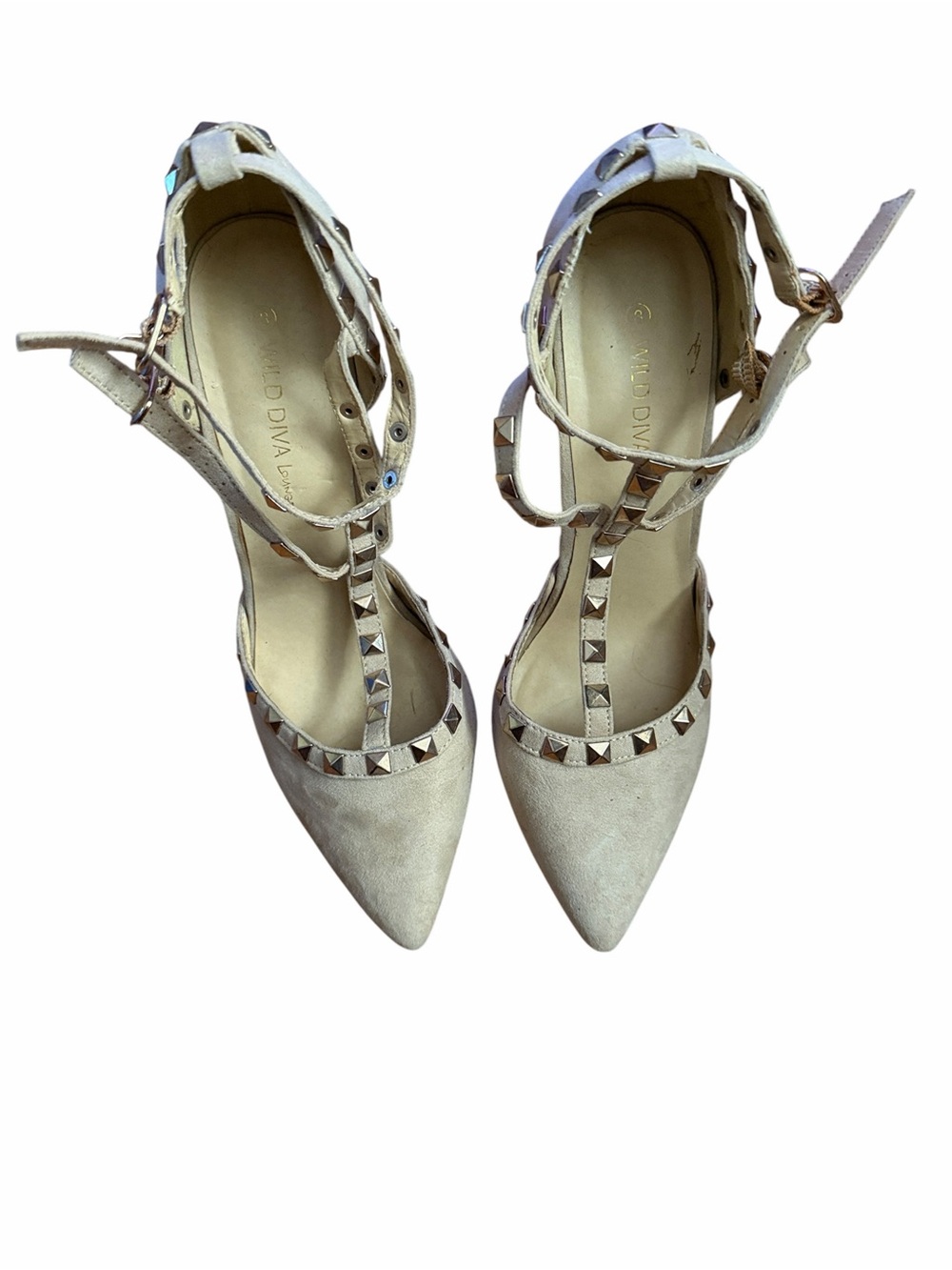 Wild Diva Beige Studded T-Strap Pointed Toe Pumps Shoes Size 8